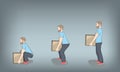 Correct posture to lift a heavy object safely. Illustration of health care. vector illustration